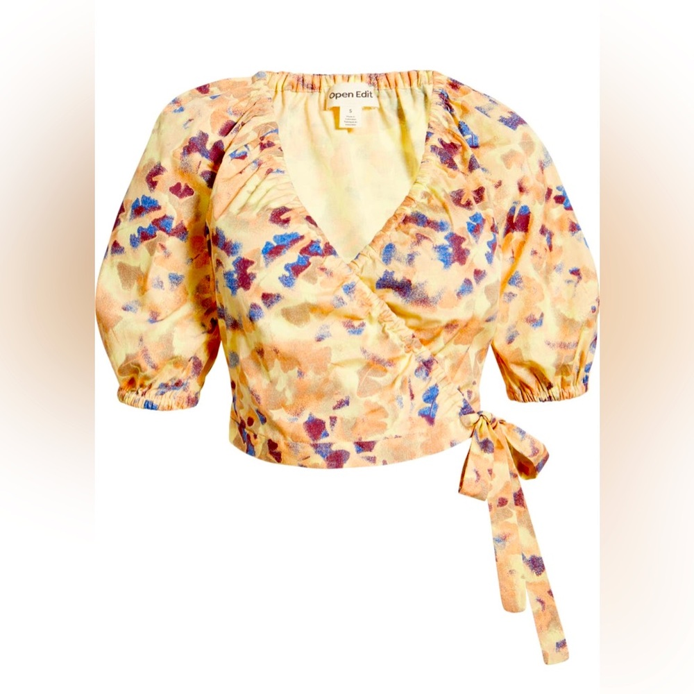 Open Edit Puff Sleeve Cotton Poplin Wrap Blouse - Medium